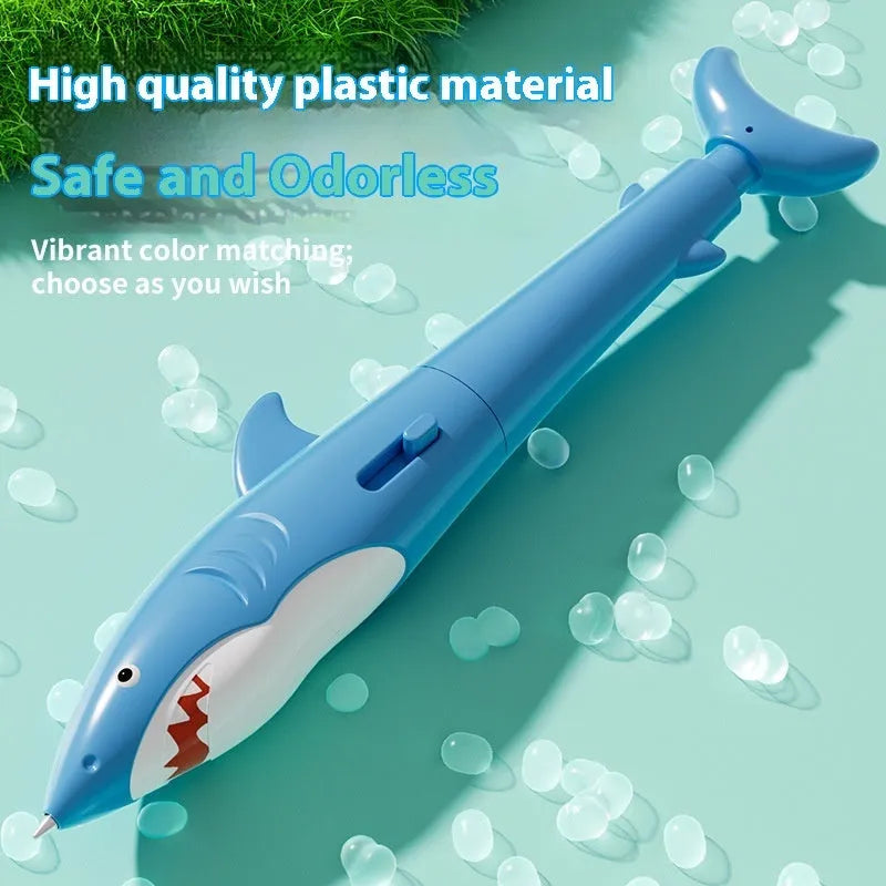 Shark plastic water spray ballpoint pen in blue on white background
