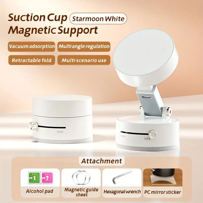 Black magnetic car phone mount with vacuum suction cup and 360-degree rotation ball joint on dashboard