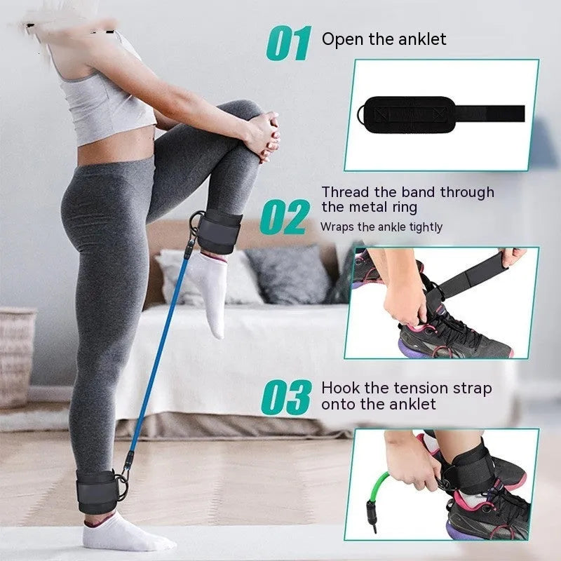 Set of three colour-coded TPE resistance bands with foot loops and a storage bag for fitness.