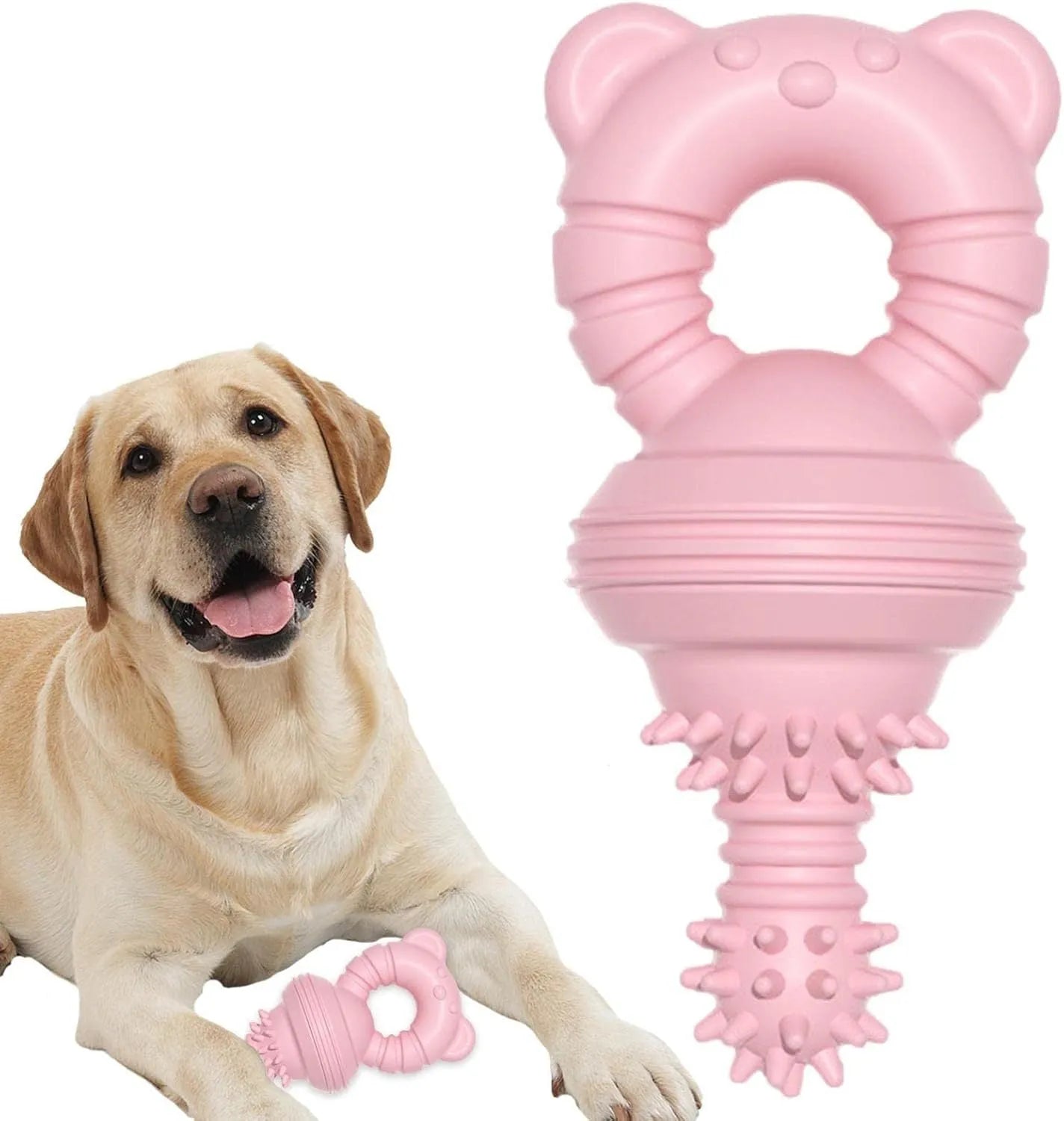 Blue rubber molar clean dog chew toy with bell shape and textured concave-convex surface.