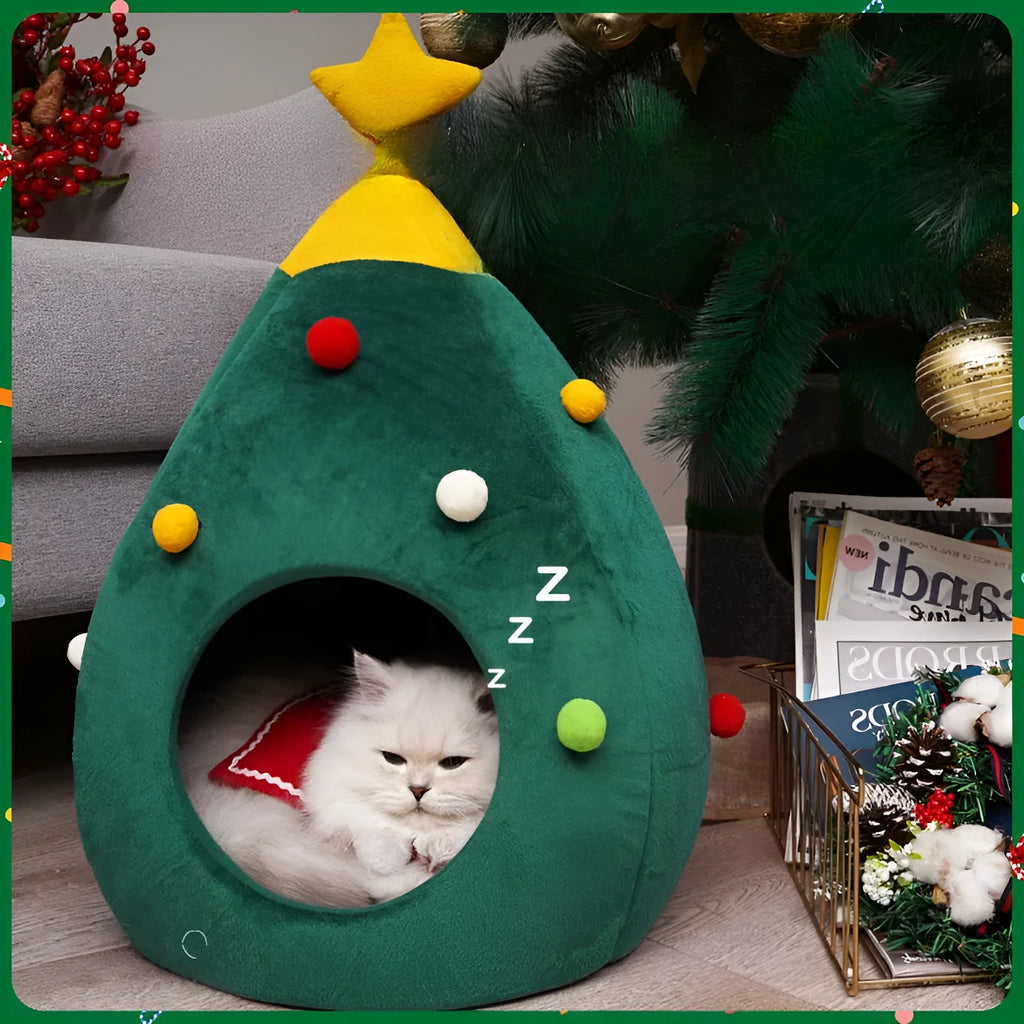 Red Christmas tree shaped plush cave bed for cats and small dogs on a wooden floor