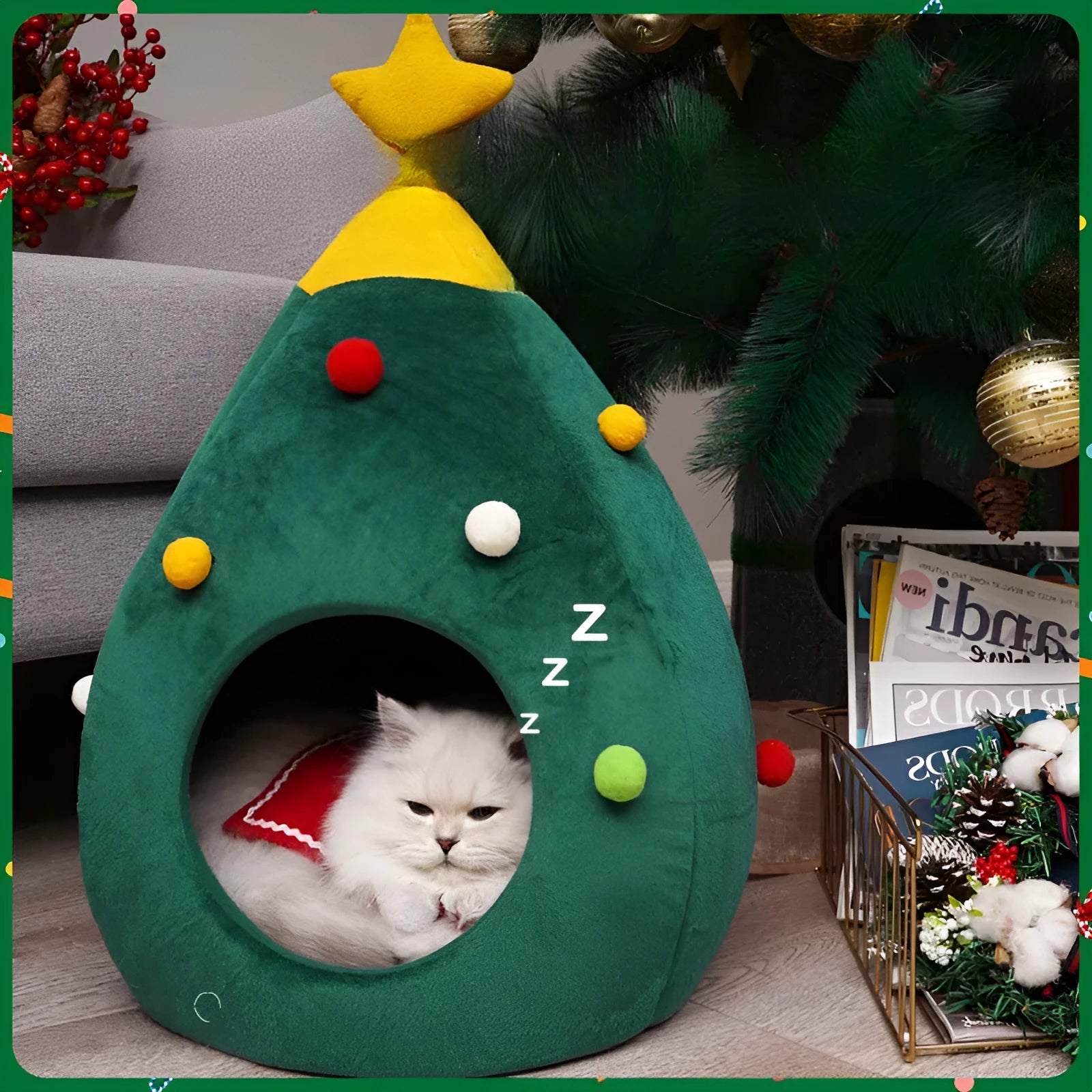 Red Christmas tree shaped plush cave bed for cats and small dogs on a wooden floor