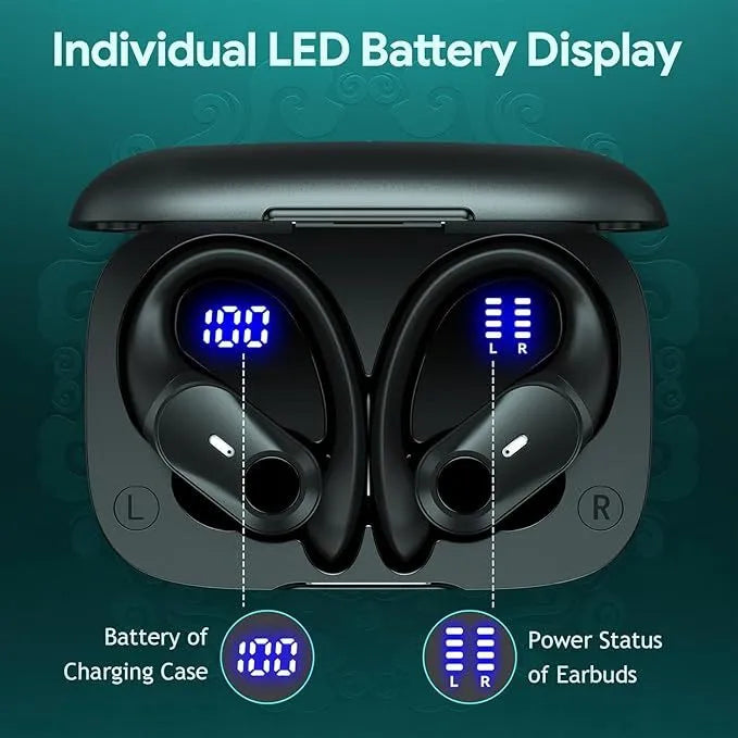 Black sporty wireless Bluetooth headphones with silicone ear hook and digital battery display