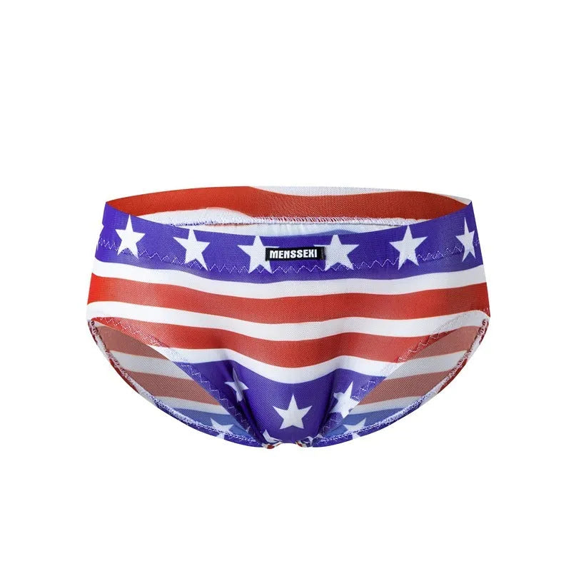 Men's low waist printed briefs in soft polyester, showing colour options including green, leopard print, and star print.