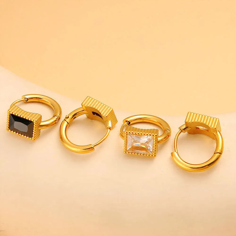 Square geometric zircon earrings in stainless steel with white, black or green electroplated finish