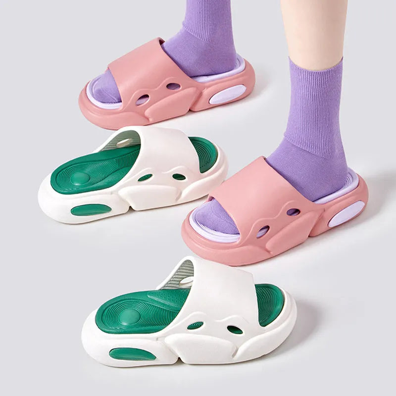 Women's two-colour slippers with thick EVA soles and leather lining in pink purple, white green, and black white.