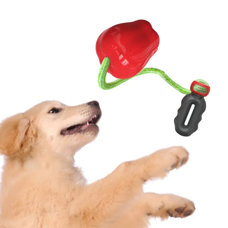 Green apple-shaped dog chew toy with textured surface and food-dispensing hole