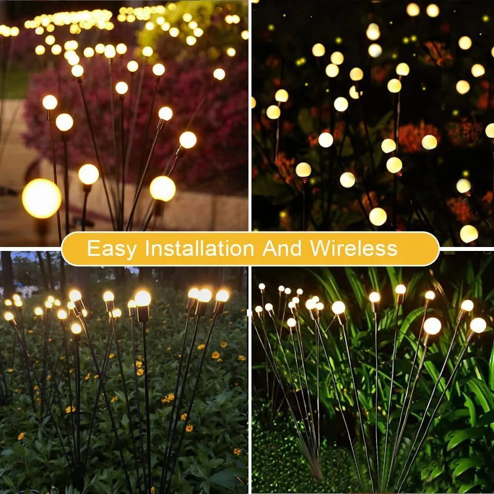 Solar-powered LED garden ground light with stainless steel spike, lit up in a lawn at dusk.