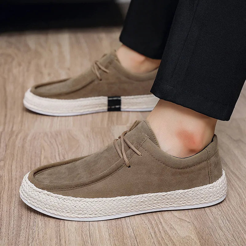 Men's handmade cloth low-top casual pumps in solid colour with round toe and flat heel
