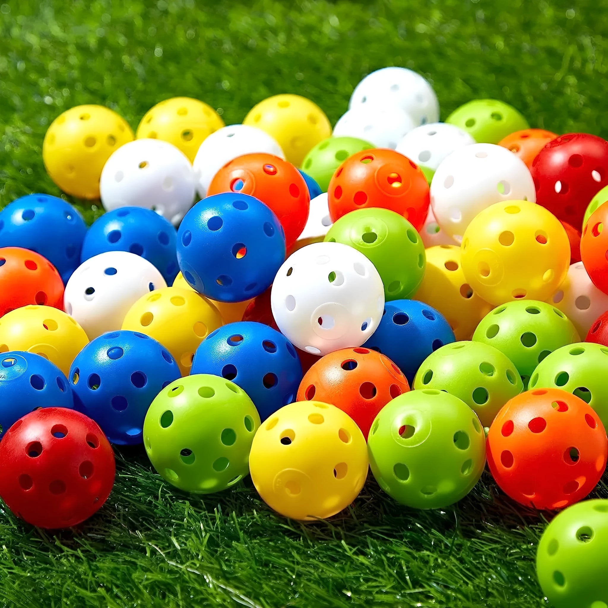 Multi-colour golf practice balls with 26-hole design next to a net storage bag