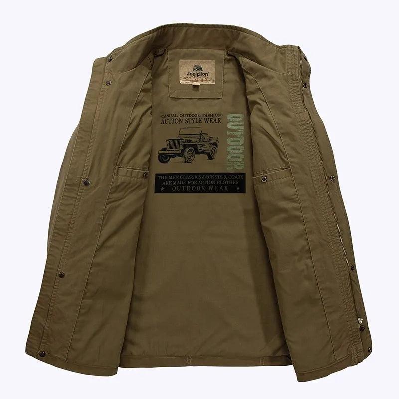 Men's cotton stand collar mid-length multi-pocket jacket in dark blue and khaki