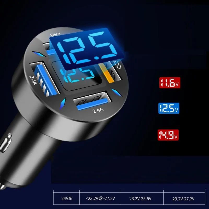 Black four-port USB car charger with LED digital display showing voltage.