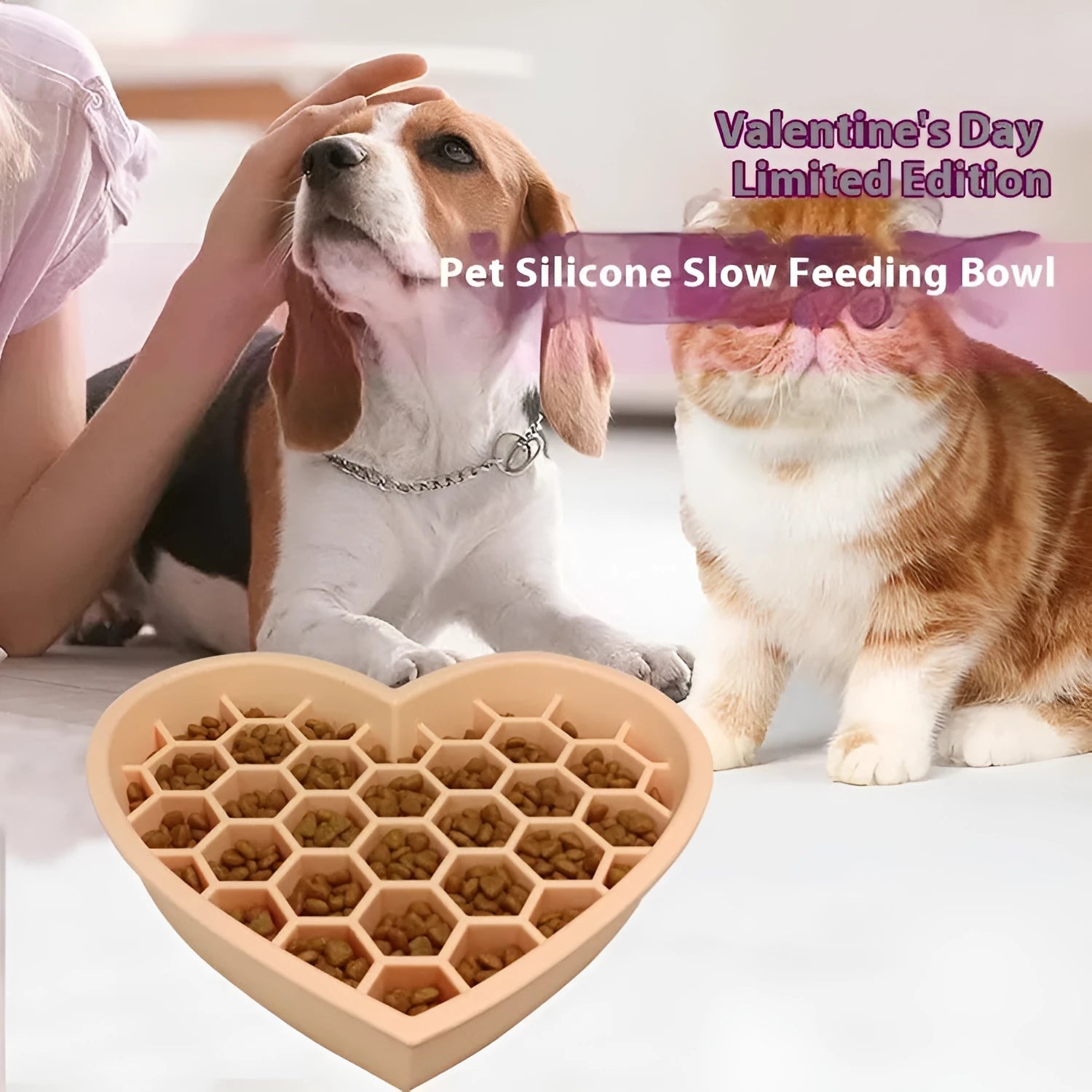 Honeycomb heart-shaped edible silicone dog bowl in Bright Purple, easy to clean and durable