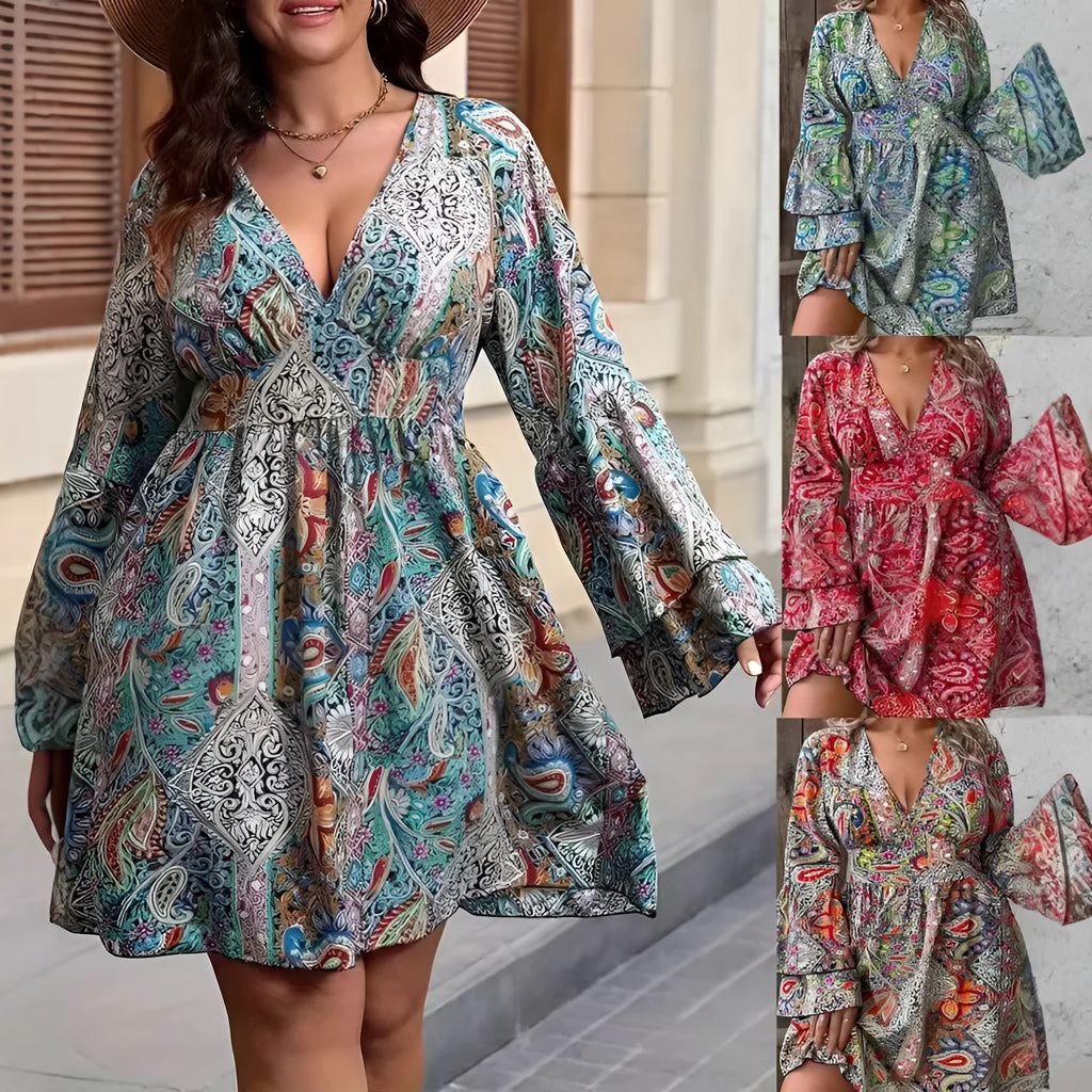 Plus size women's bell sleeve dress in printed polyester with A-line skirt and V-neck design