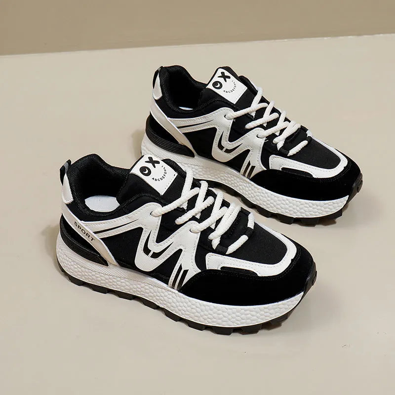 Women's flat-heel platform casual shoes in artificial PU with lace-up front