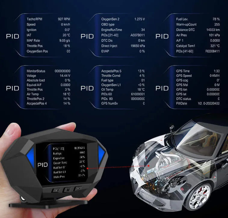 Black vehicle head-up display unit with OBD cable on a car dashboard.