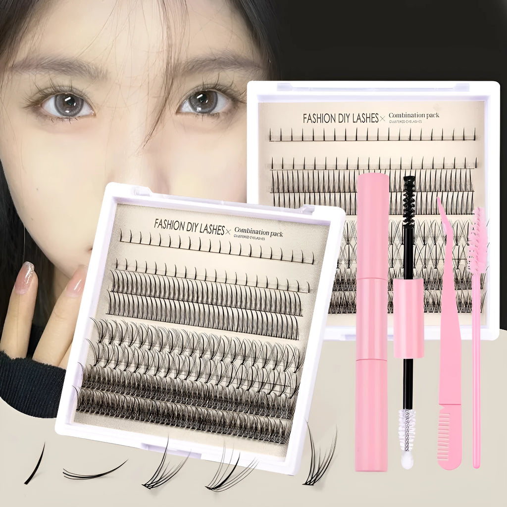 False eyelash glue set with lashes, tweezers, brush, and pink or black adhesive bottle