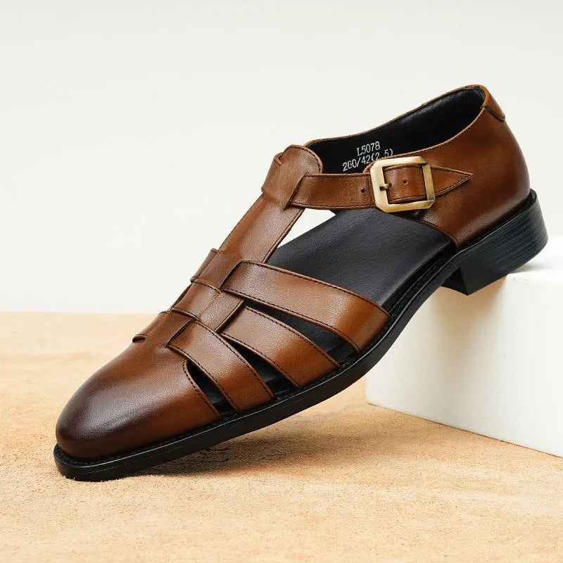 Men's leather sandals in black and brown with rubber sole, sizes 37-46