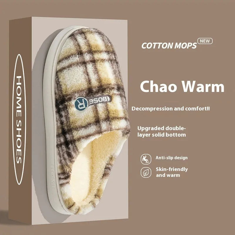 Plaid pattern cotton slippers with a non-slip PVC sole shown in A857 Coffee colour.