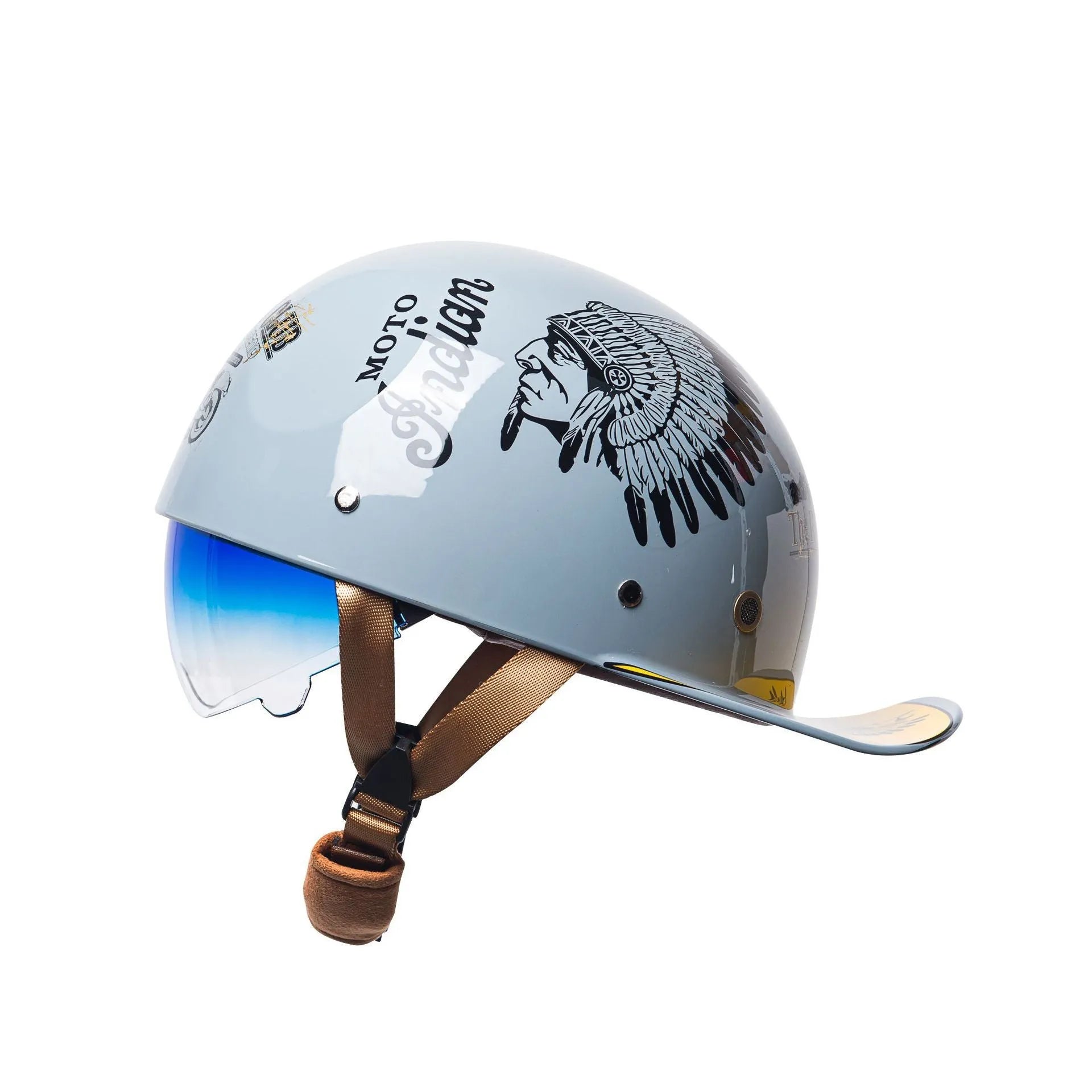 Men's bright black gradient retro half helmet for electric bicycles with a blue lens.