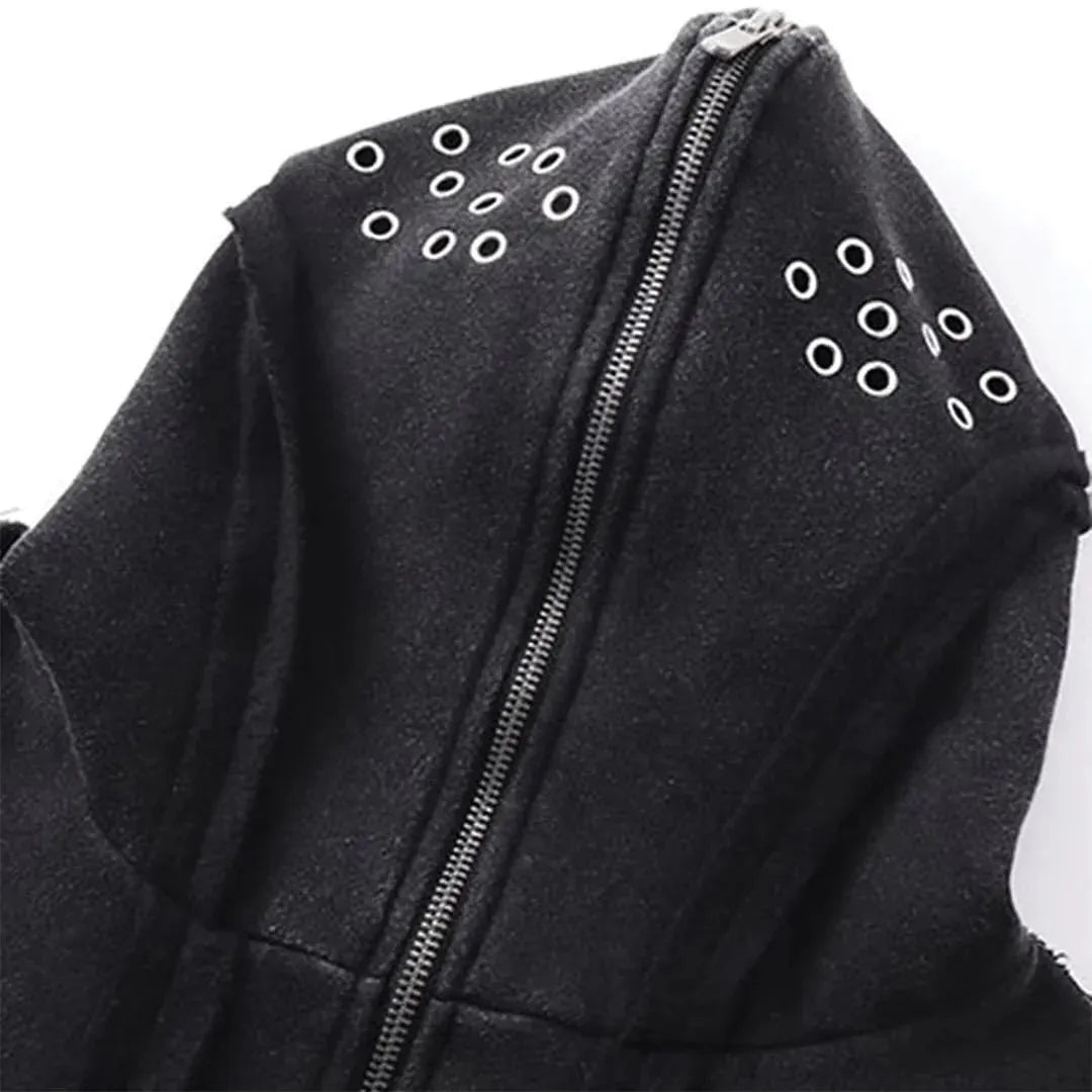 Black retro loose-fit men's cotton padded coat with zip-up hood and abstract pattern.