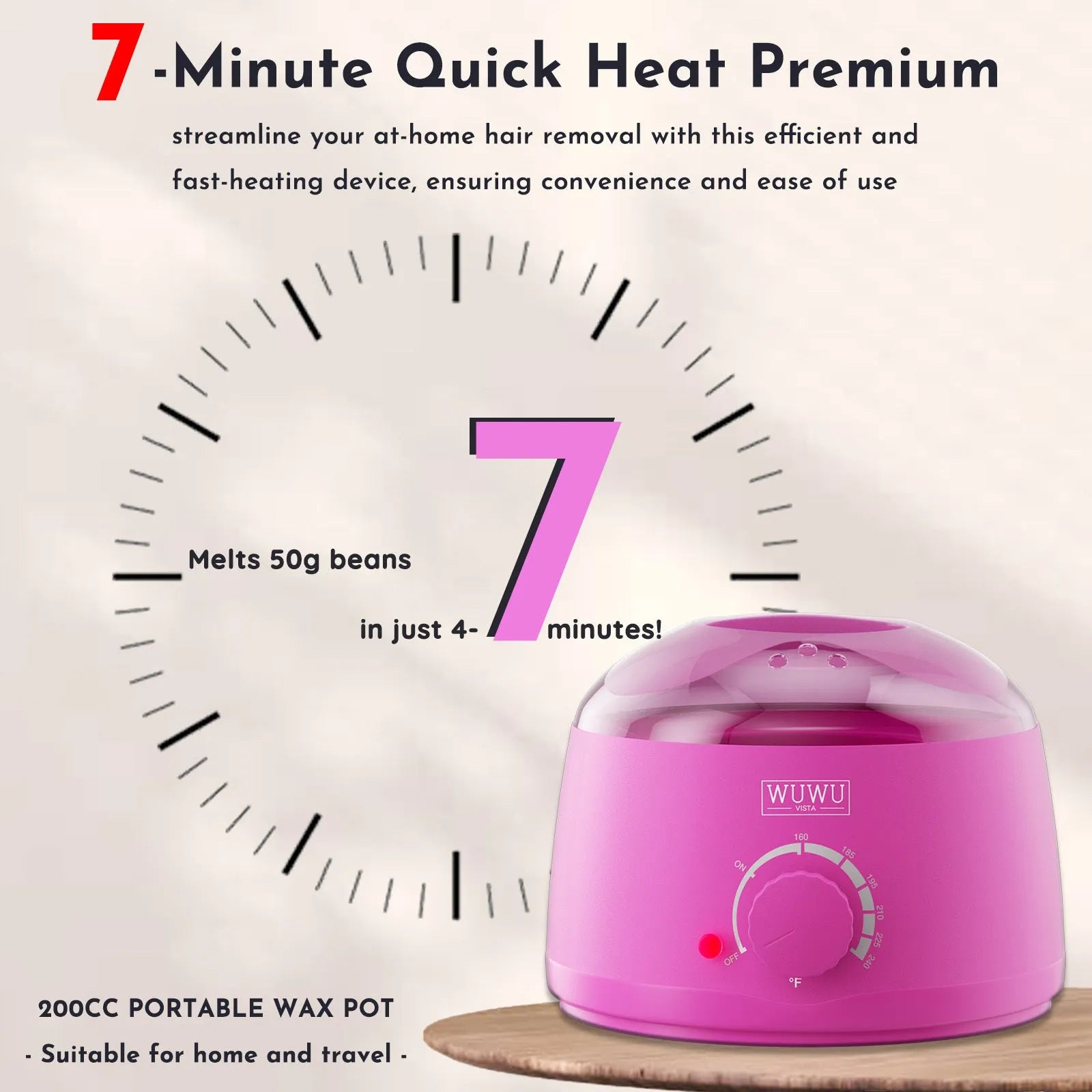 27-piece hair removal wax kit showing a wax heater, four coloured wax bead packs, and applicator sticks on a pink background.