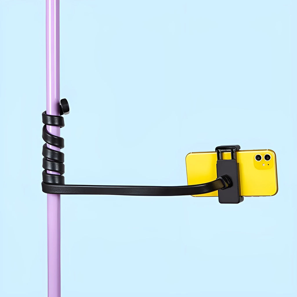 Black flexible silicone hose phone holder with aluminium and ABS parts and a double-hole mobile phone clip.