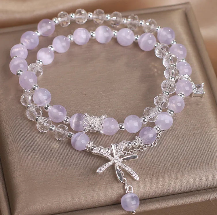 Light purple opal cat's eye crystal double ring bracelet for women with flower design