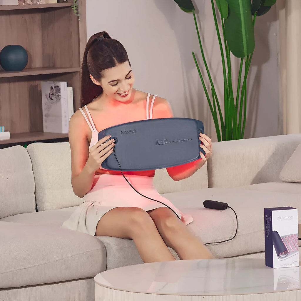 Red light home heating waist supporter with leather and Ice Silk material in gray, including remote control