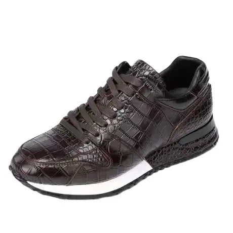 Crocodile pattern elevated leather shoes in black with wedge heel and rubber sole