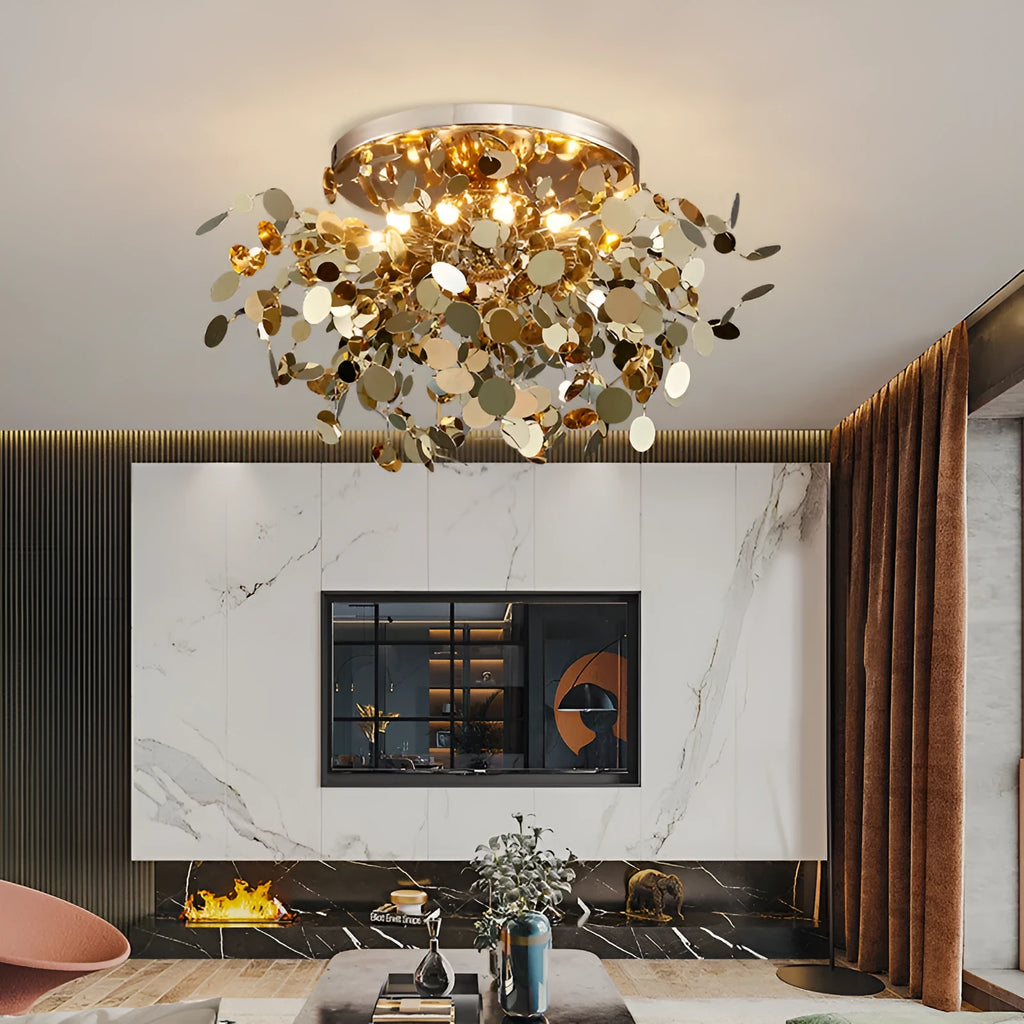 Stainless steel bar tree blade chandelier with eight G9 lights, shown in D380 x H450 mm and D500 x H450 mm sizes