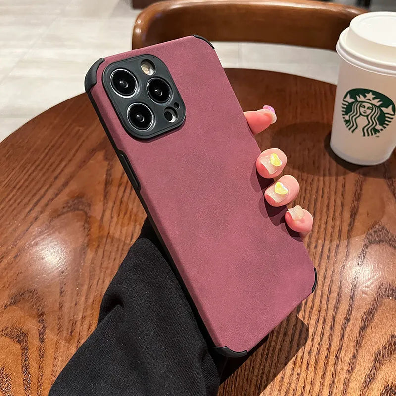 Simple solid colour fur phone case in black for iPhone, imitation leather texture with slim design