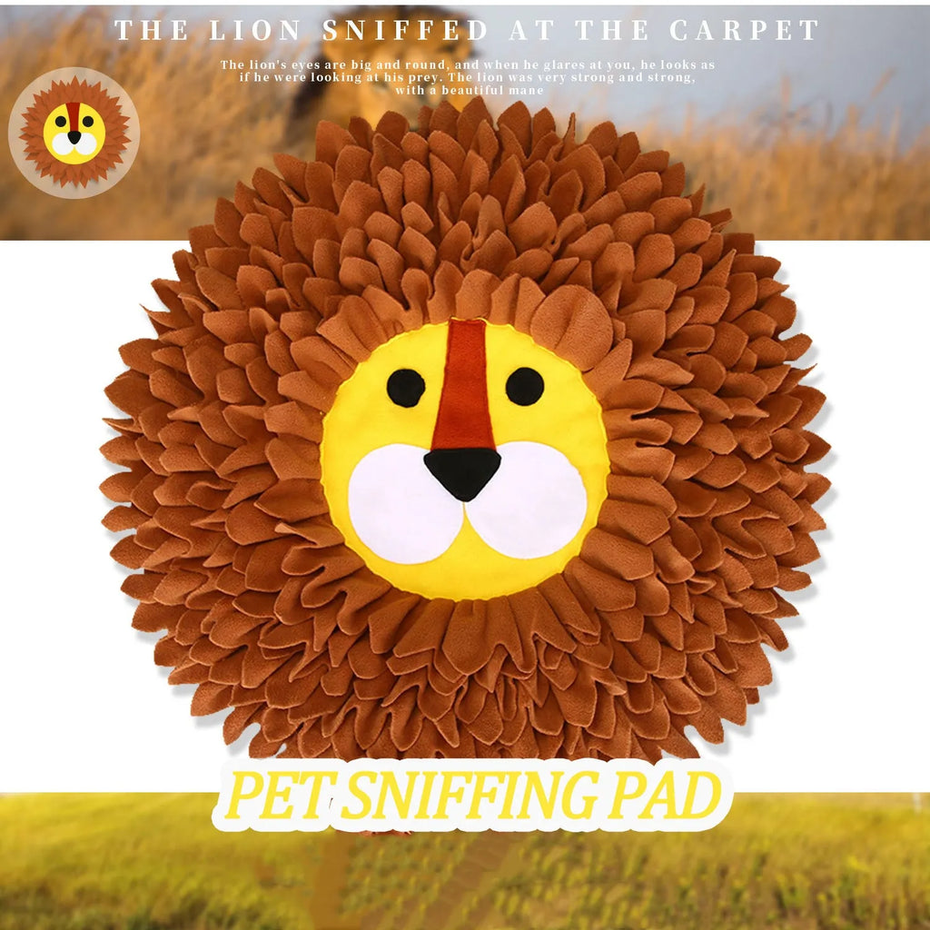 Brown lion-shaped pet sniffing pad with textured Yizhiwen fabric surface measuring 33x25cm