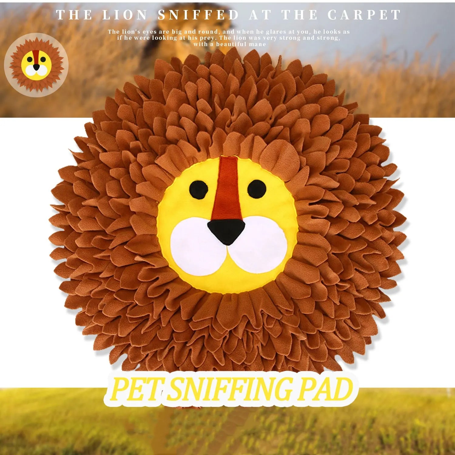 Brown lion-shaped pet sniffing pad with textured Yizhiwen fabric surface measuring 33x25cm