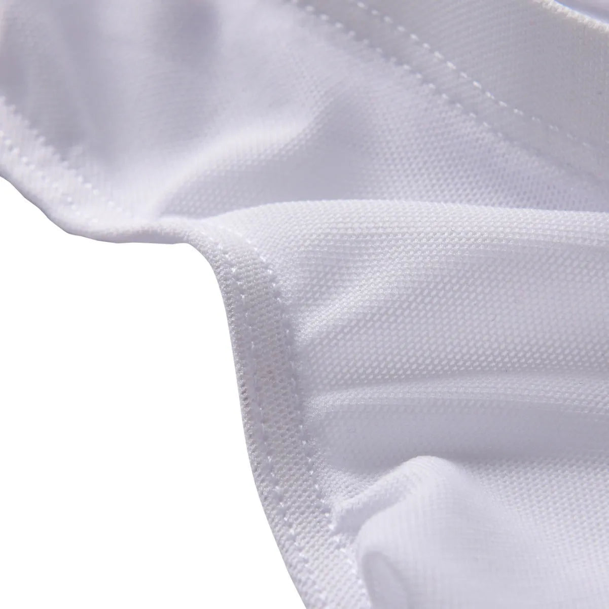 Man's black ice silk nylon mid-waist briefs laid flat, showing triangle cut and knit texture.