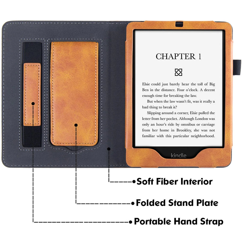 Leather protective case for Kindle Paperwhite5 e-reader with a removable wrist strap attached.