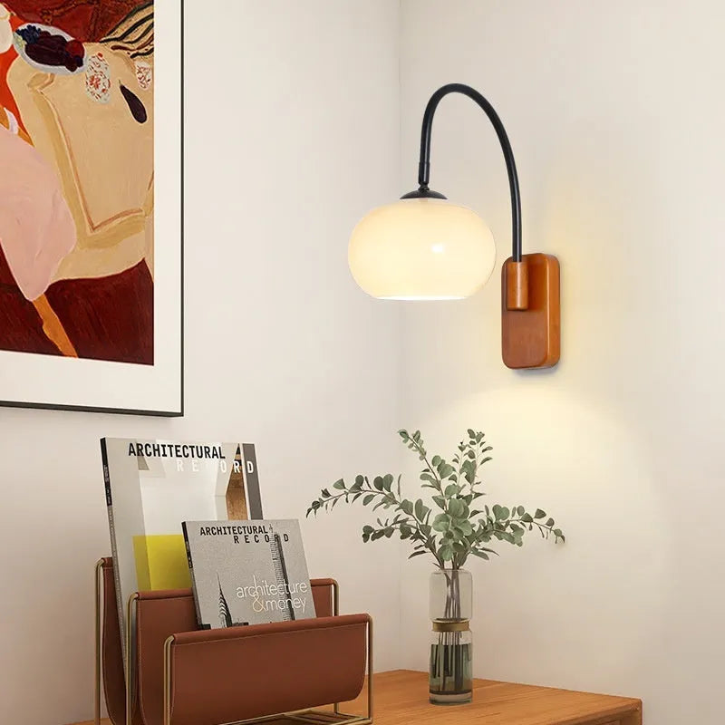 Creative retro glass wall LED lamp with milky white 32cm lampshade and iron body on a wall