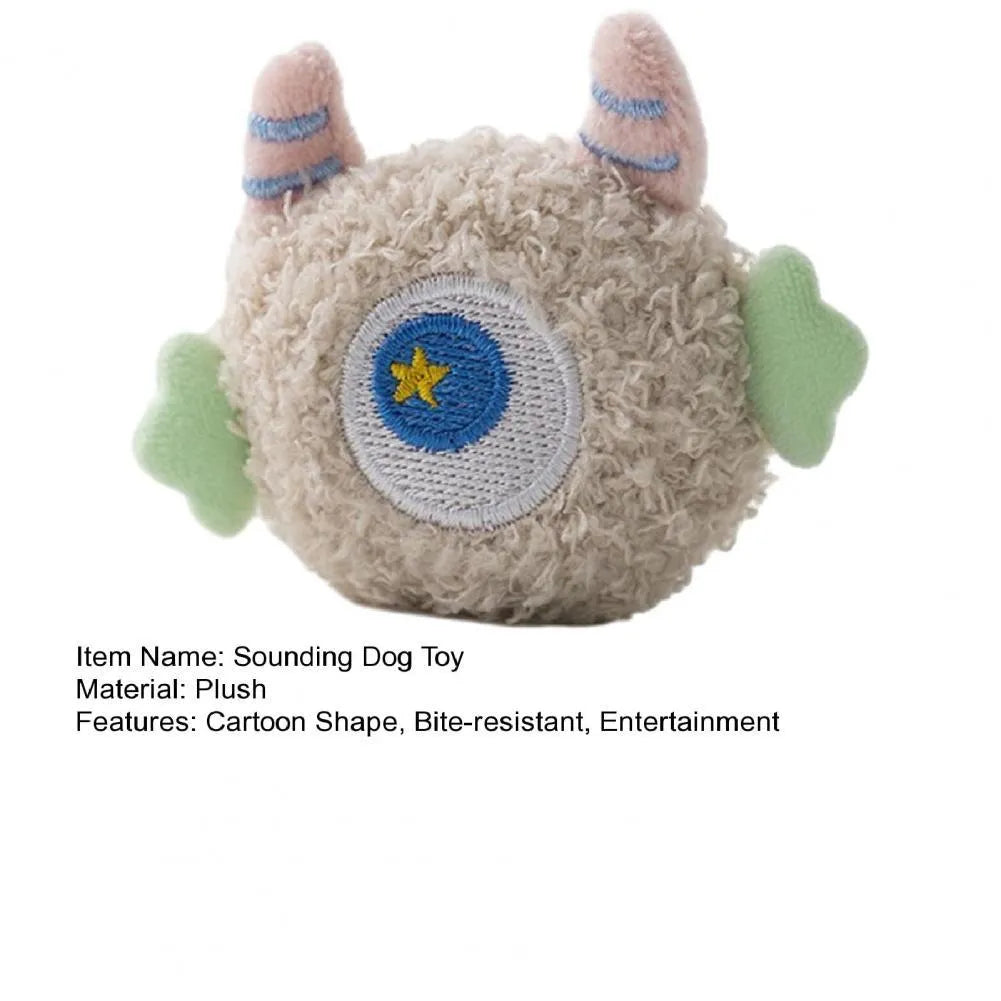Cartoon plush squeaky dog chew toy with big eyes in grey, green, pink, white or yellow colours
