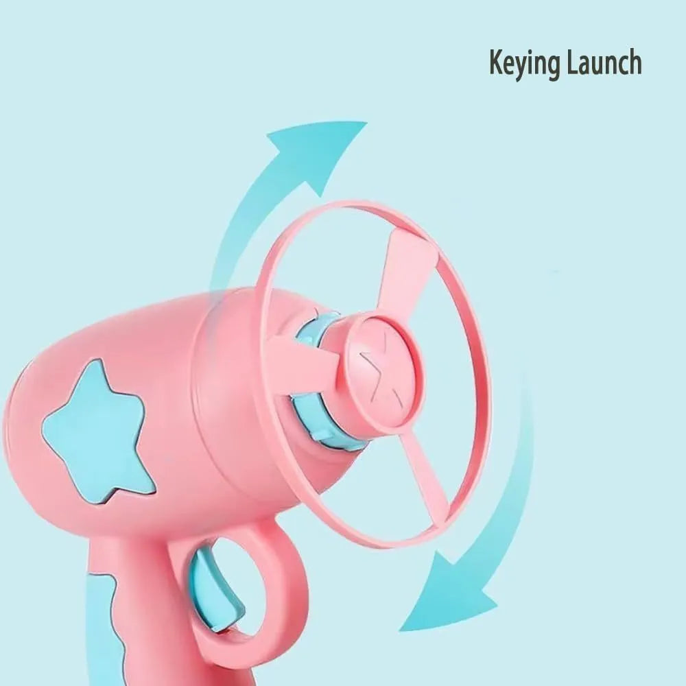 Blue plastic cat toy gun with spinning disc launcher for indoor feline entertainment