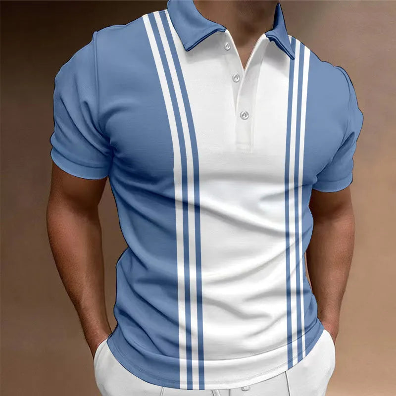 Men's blue casual t-shirt with a three-button lapel collar and short sleeves on a grey background.