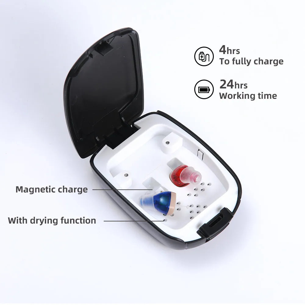 Rechargeable hearing amplifier in beige skin-coloured design with portable charging case and accessories