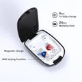 Rechargeable hearing amplifier in beige skin-coloured design with portable charging case and accessories