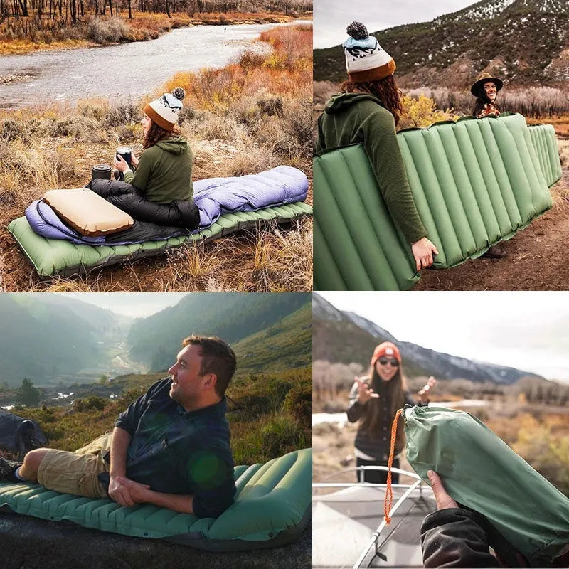 Inflatable camping mattress showing waterproof 40D nylon TPU material and included inflation pump