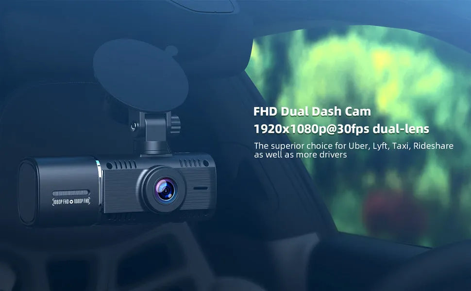 Standard black dual-channel car dash cam with 1.5-inch screen, rear camera, mount, and car charger on box.