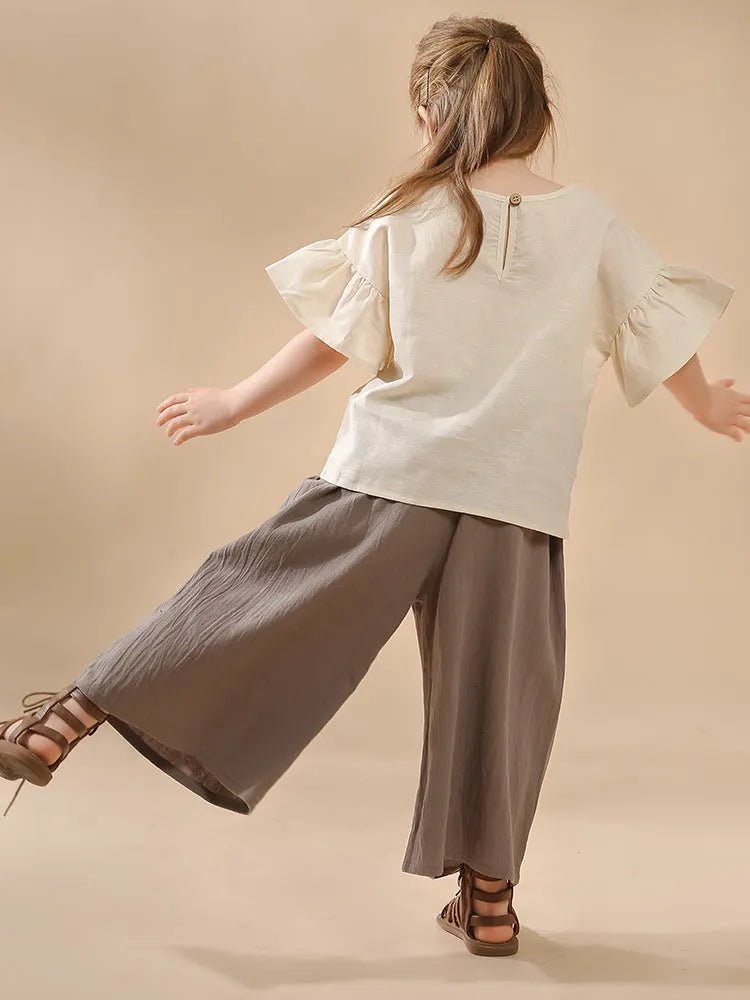 Retro high waist wide leg cropped gray cotton pants for girls