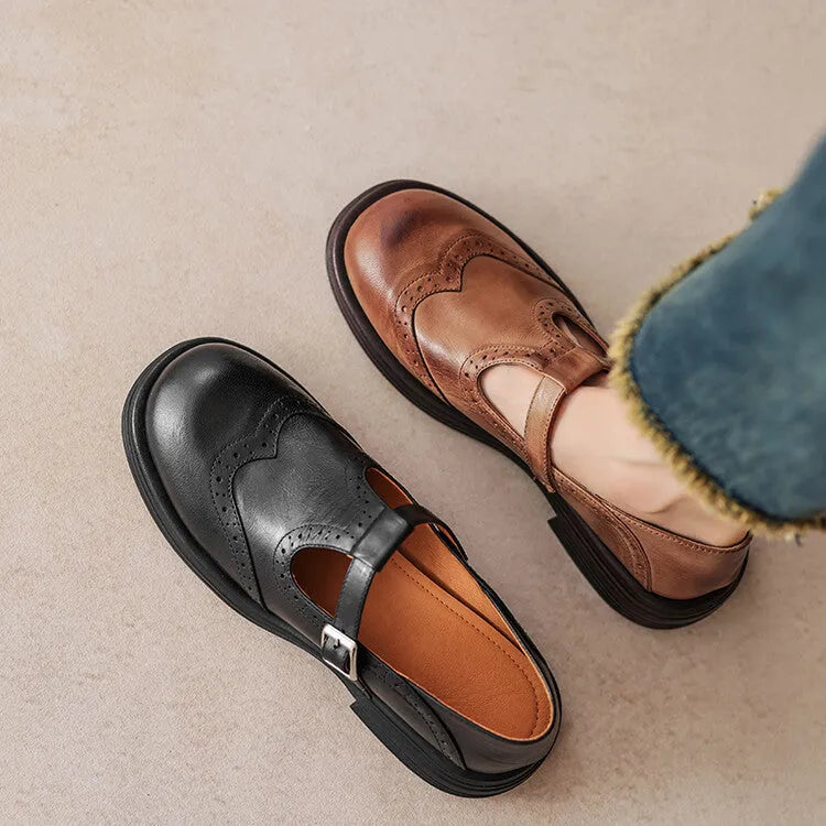Women's black and brown British style flat shoes with round toe made from sheepskin