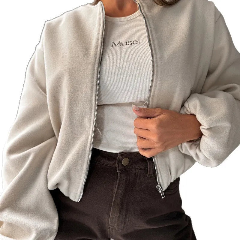 Women's off-shoulder short coat with long lantern sleeves in brown, loose casual fit.