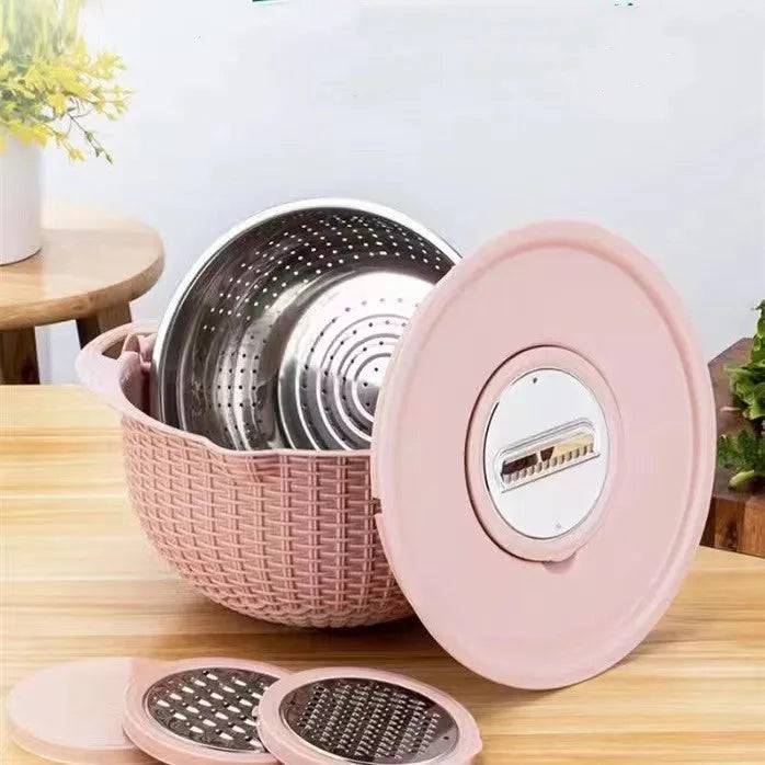 4-in-1 rotating colander set with removable double-layer basket and three stainless steel blades in Nordic beige