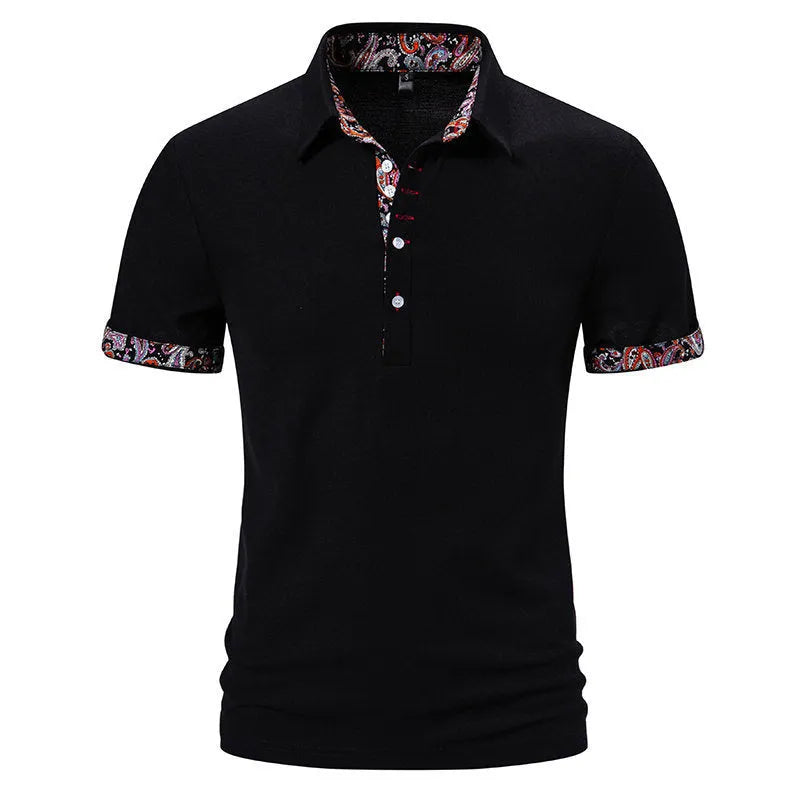 Men's navy blue cotton blend polo shirt with a turnover collar and short sleeves on a hanger.