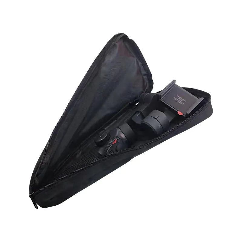 Black cloth storage pouch for a mobile phone gimbal, shown with magnetic flap open.
